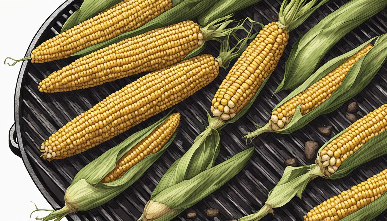 Corn on the cob grilling on a charcoal grill, with smoke rising and grill marks forming