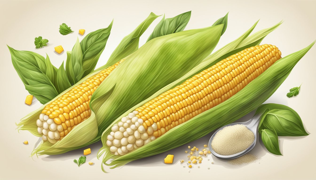 Corn cob steaming, surrounded by various seasoning and flavoring options such as salt, pepper, butter, and herbs