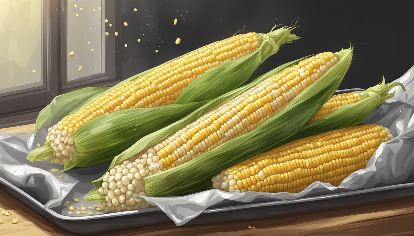 Fresh corn on the cob wrapped in foil, placed on a baking sheet in a preheated oven. A brush with melted butter and sprinkle of salt