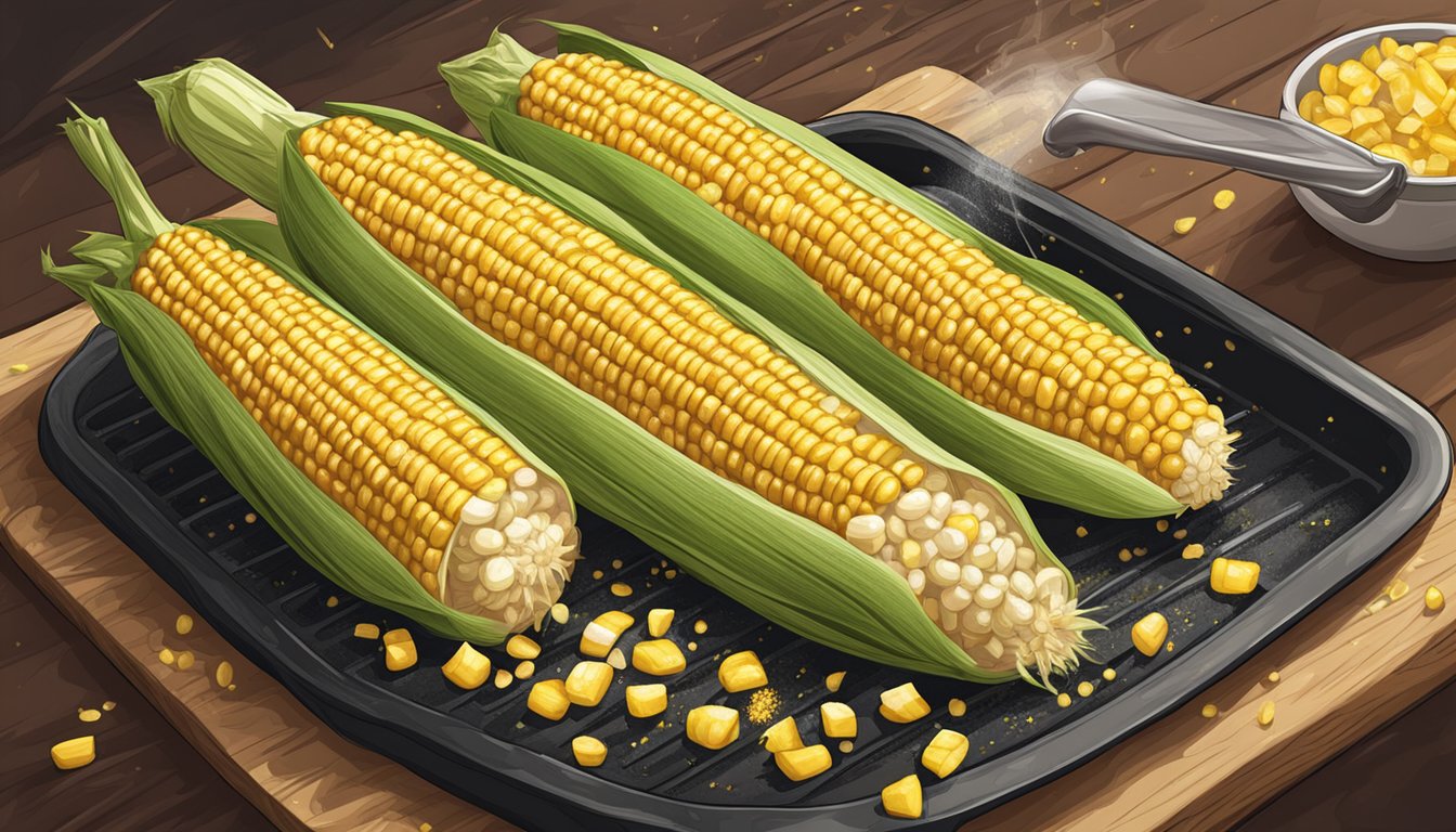 A corn on the cob sizzling on a griddle, with flavors and seasonings being sprinkled over it