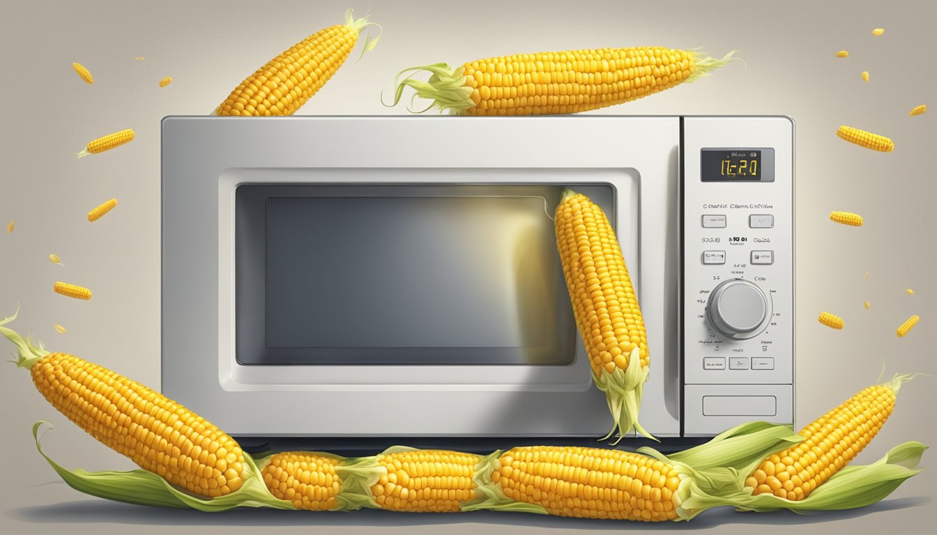 An ear of corn rotates on a microwave-safe plate, uncovered