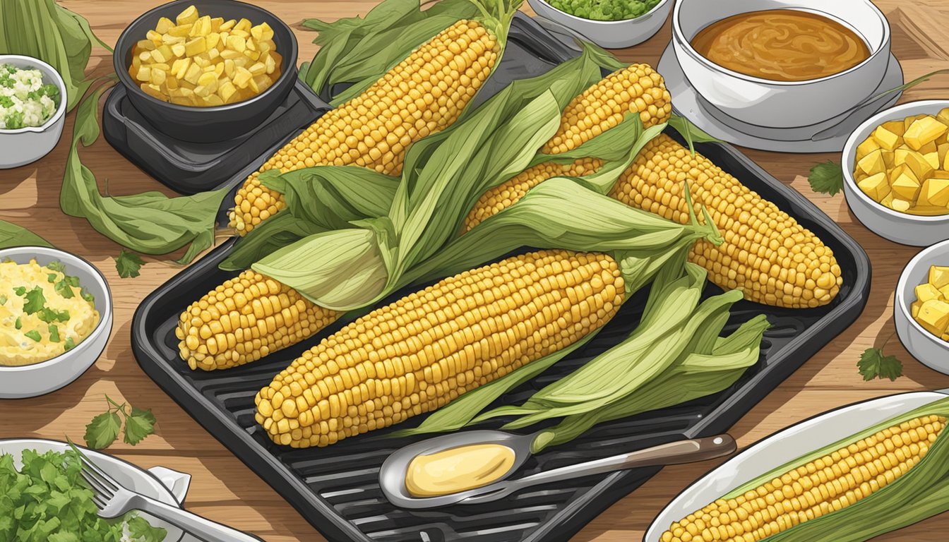 Corn on the cob sizzling on a griddle, surrounded by a variety of side dish pairings like seasoned butter, herbs, and spices