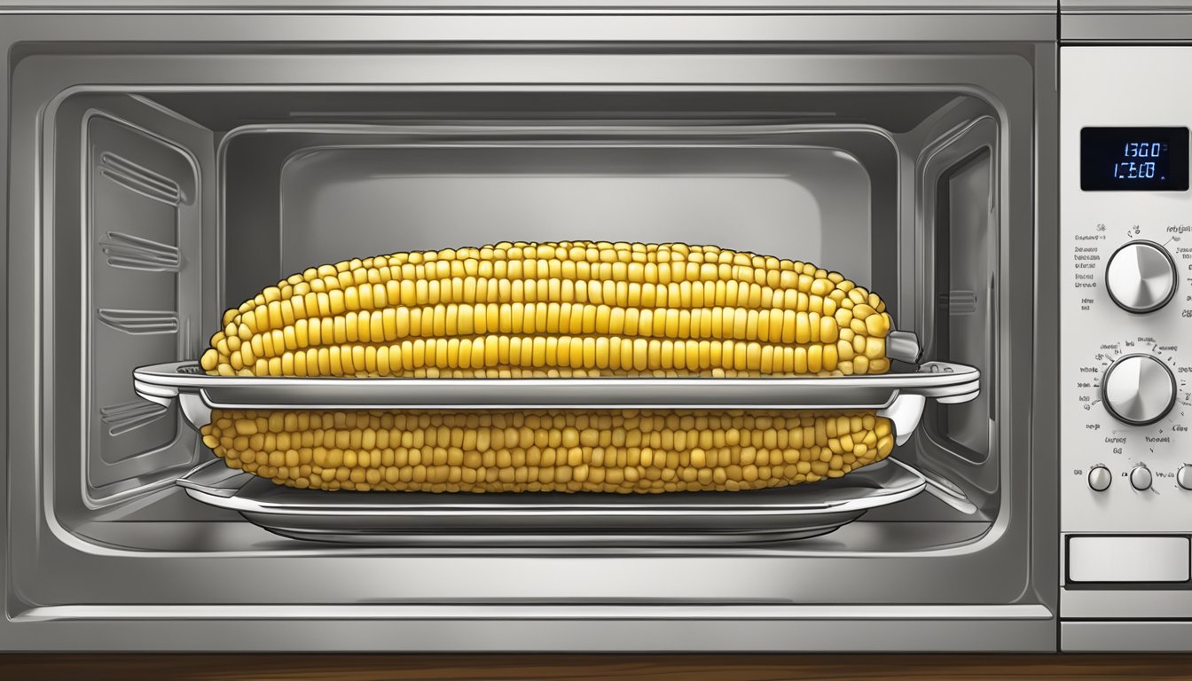 A cob of corn sits in a microwave, husk removed, ready to be reheated for a creative leftover meal