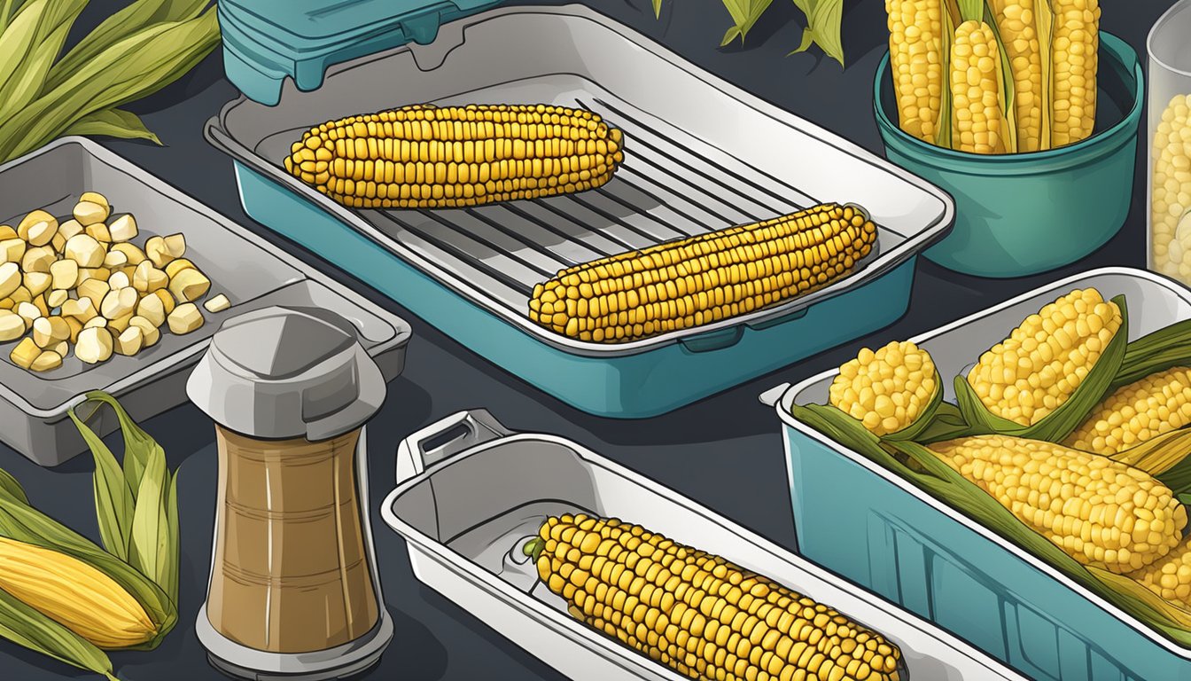 A griddle with leftover corn on the cob placed next to various storage containers