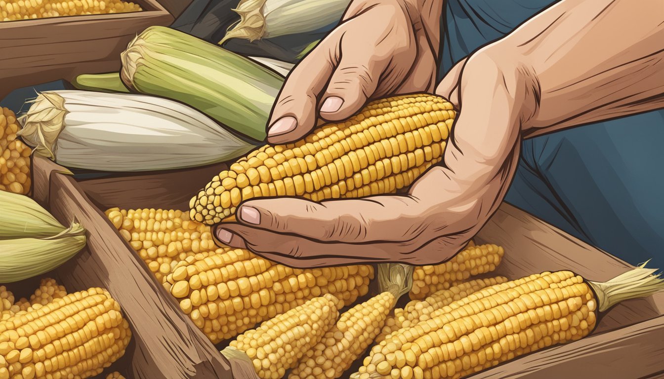 A hand selecting fresh ears of corn from a pile at a farmer's market