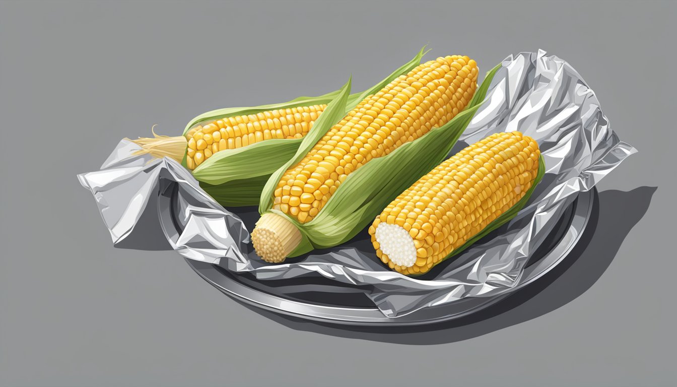 Fresh corn on the cob wrapped in aluminum foil and grilling on a barbecue