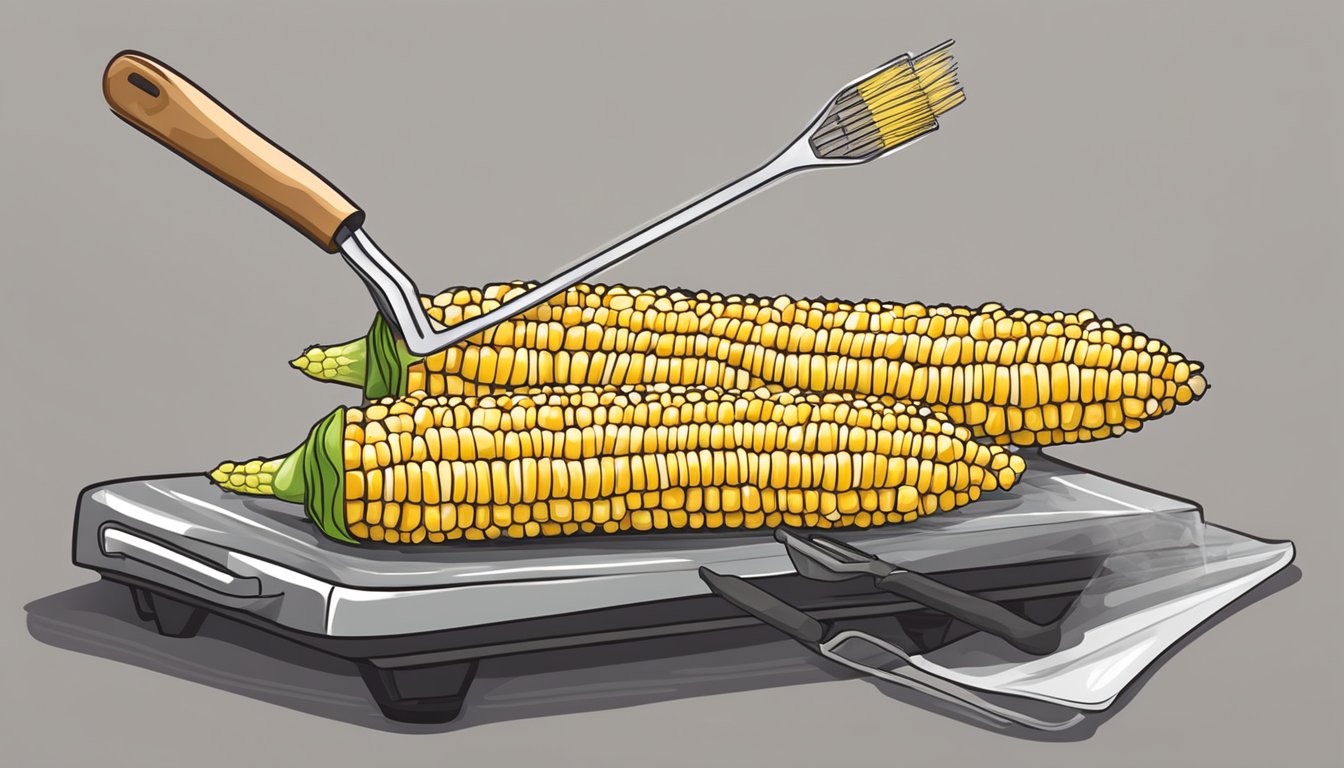 Fresh corn on the cob wrapped in foil on a BBQ grill, with a pair of tongs nearby and a cleaning brush for easy handling and cleanup