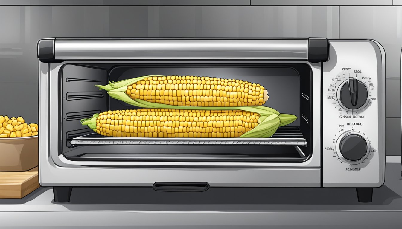 Fresh corn on the cob placed on a baking sheet inside a toaster oven. The oven is set to a medium-high temperature for roasting