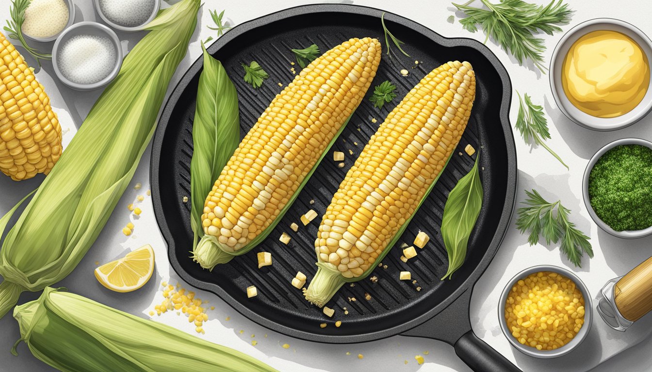 Fresh corn on the cob sizzling on a Blackstone griddle, surrounded by flavor enhancements like butter, herbs, and spices