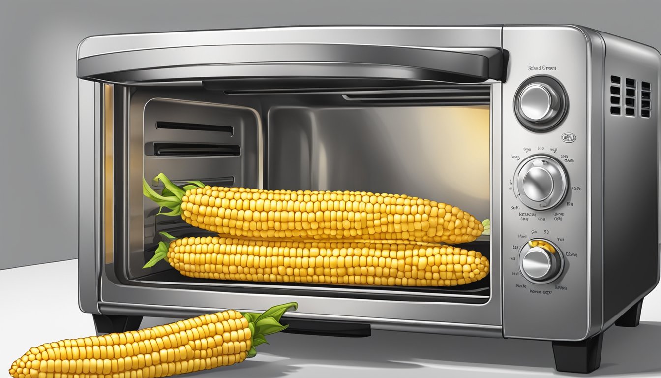 A golden ear of corn rotates inside a toaster oven, releasing the aroma of flavor enhancements