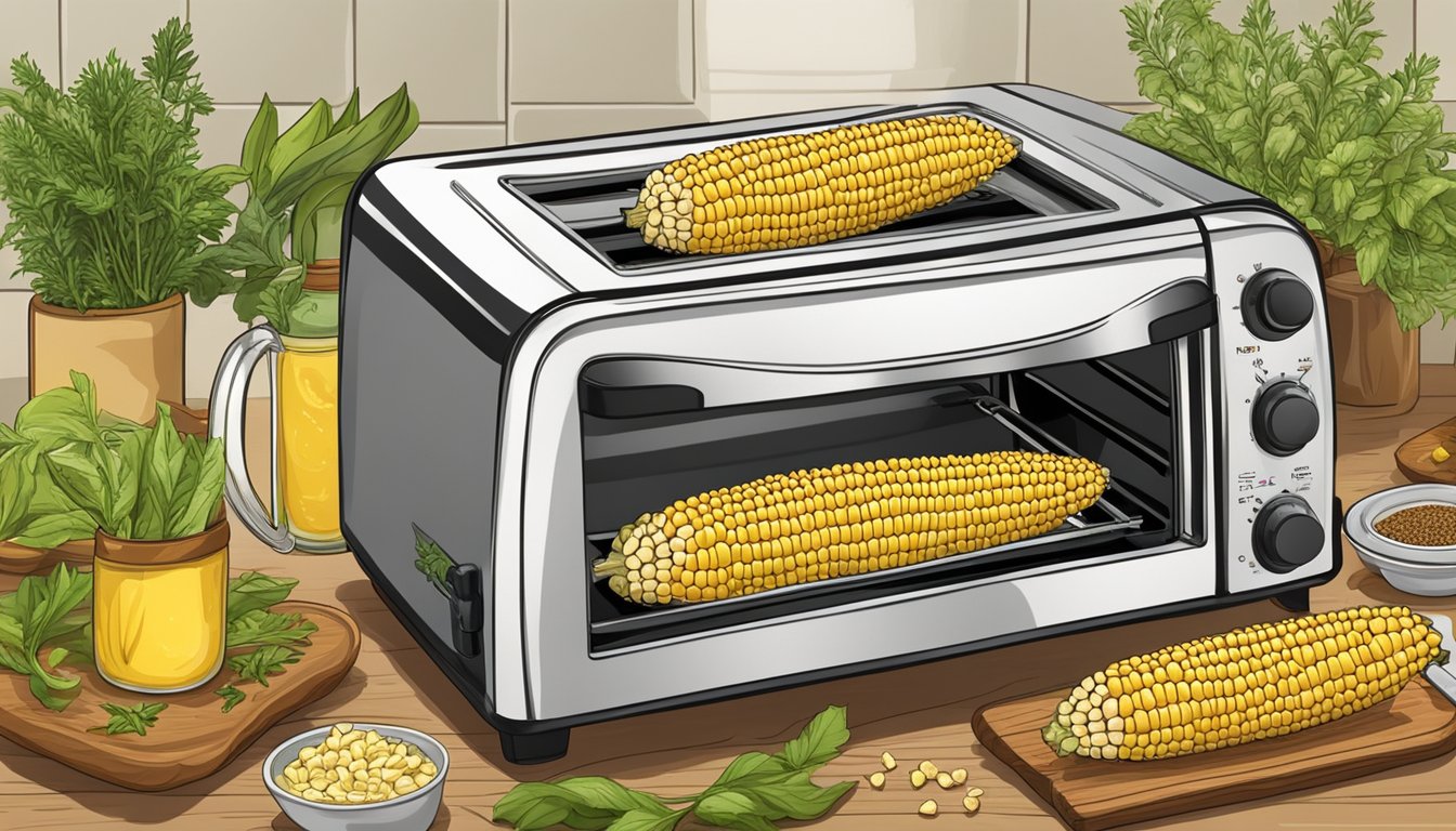 Fresh corn on the cob roasting in a toaster oven, surrounded by herbs and spices for pairing ideas