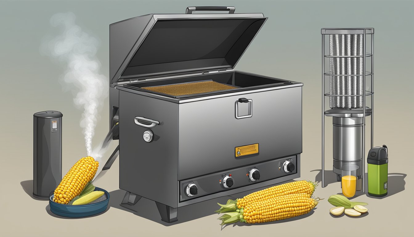 An electric smoker with a corn on the cob inside, surrounded by safety and maintenance equipment