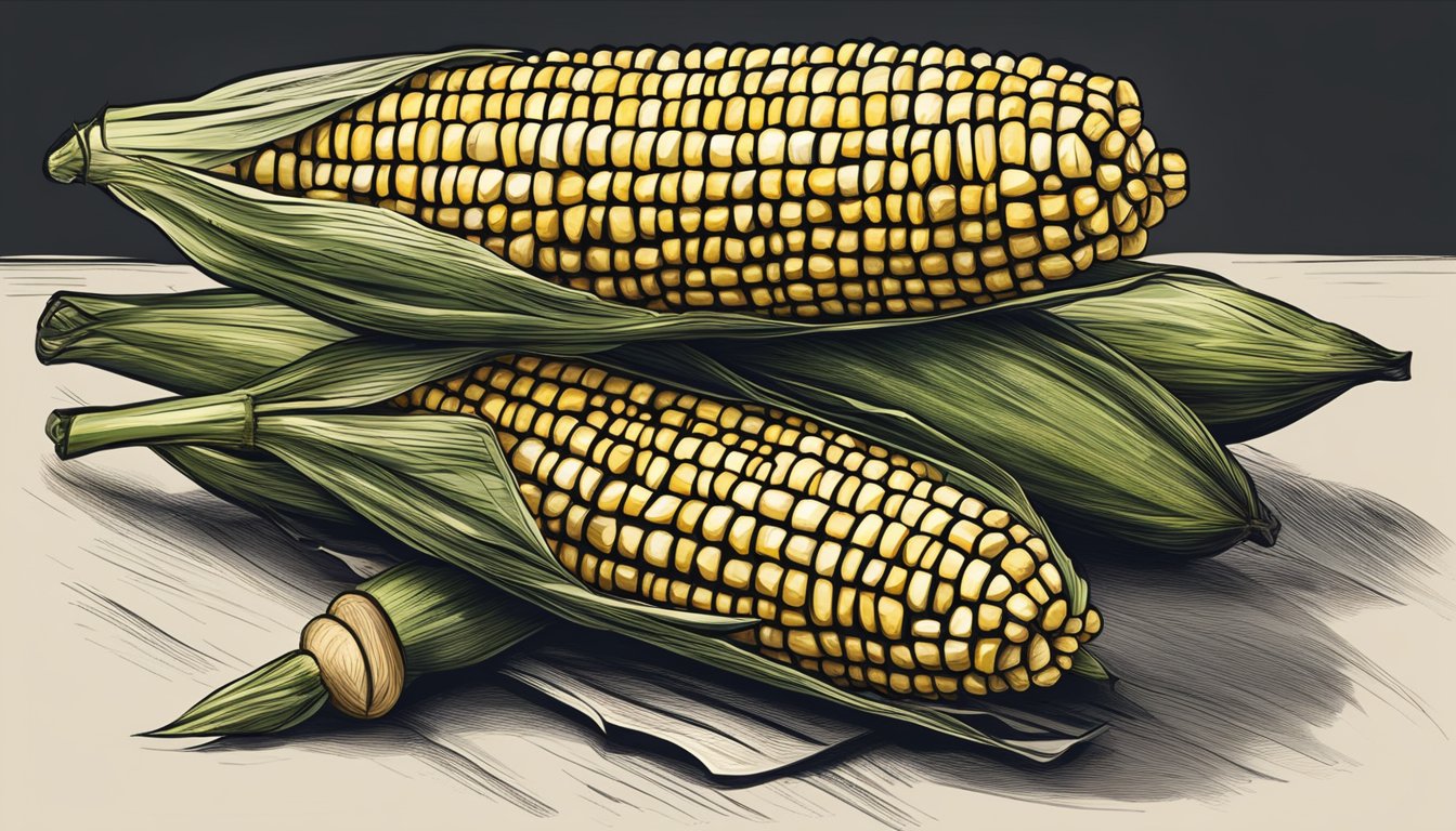 Grilled corn on the cob in the husk, charred and smoky from the grill, with grill marks and husks slightly pulled back