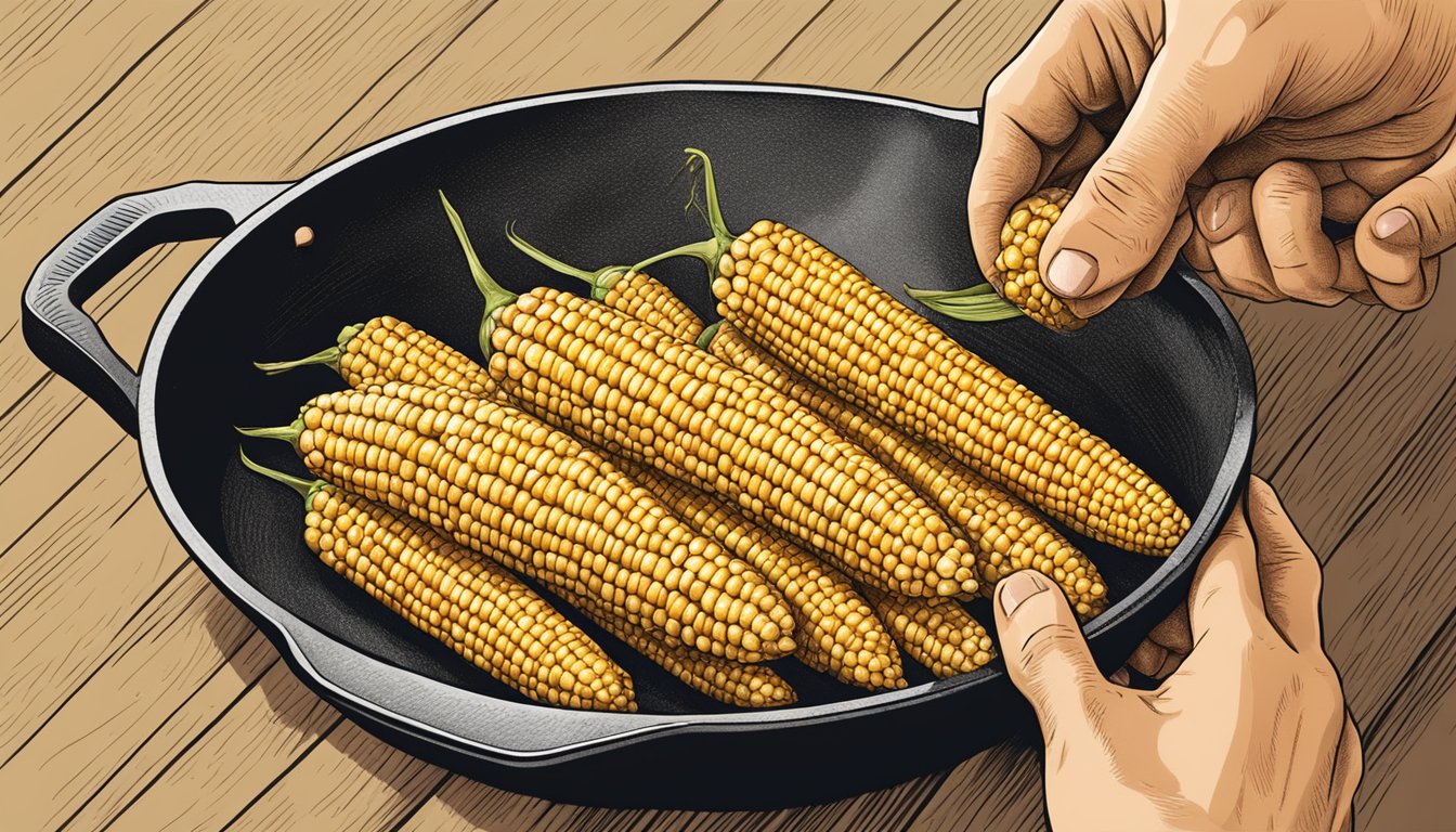 A hand reaching for a golden ear of corn in a cast iron skillet