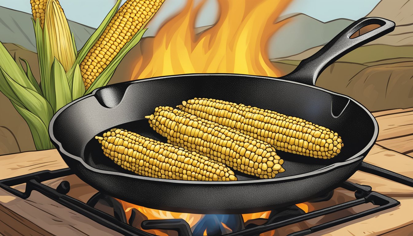 A cast iron skillet with seasoned corn on the cob cooking over a flame