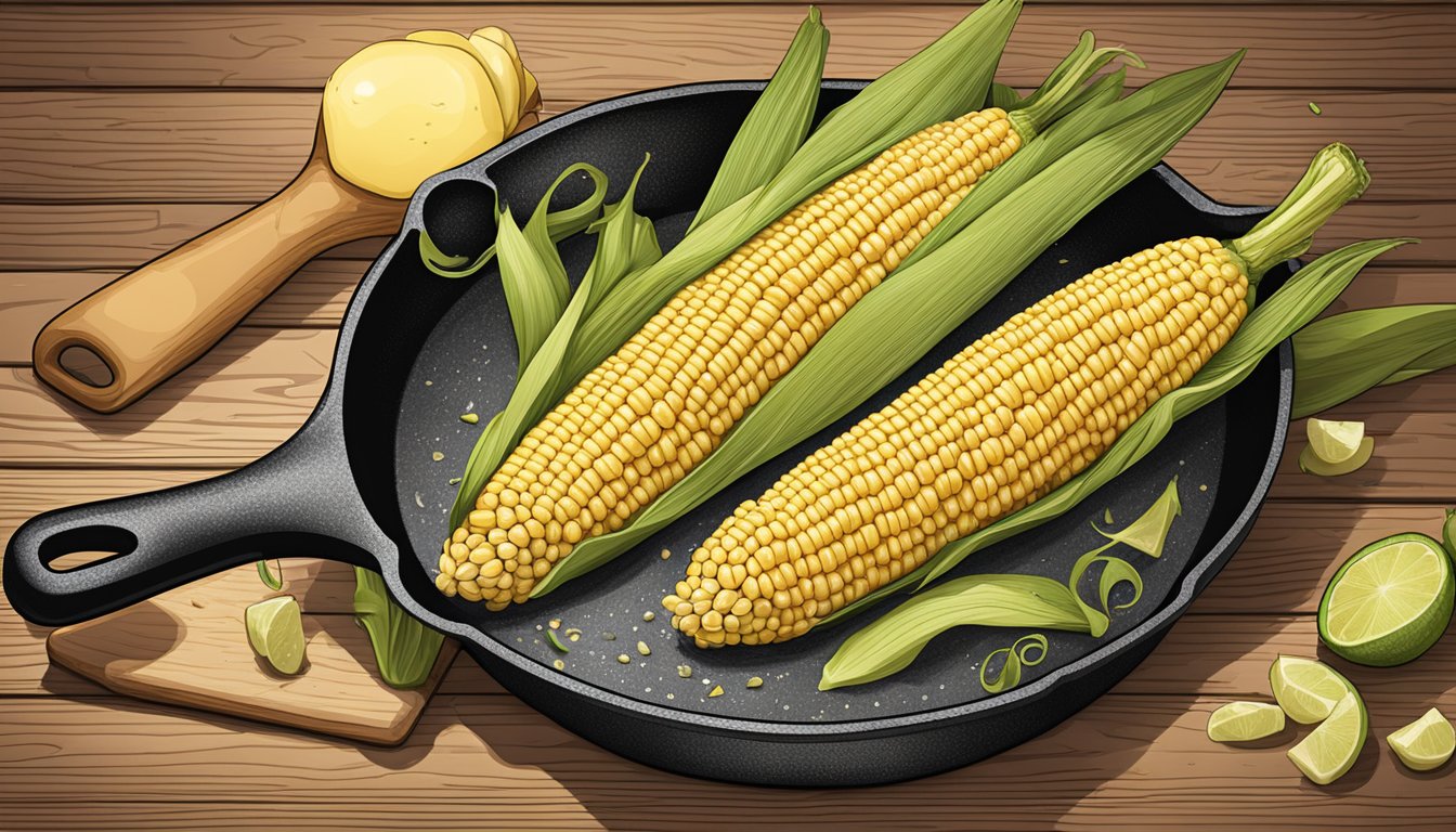 A cast iron skillet with corn on the cob placed on a wooden cutting board