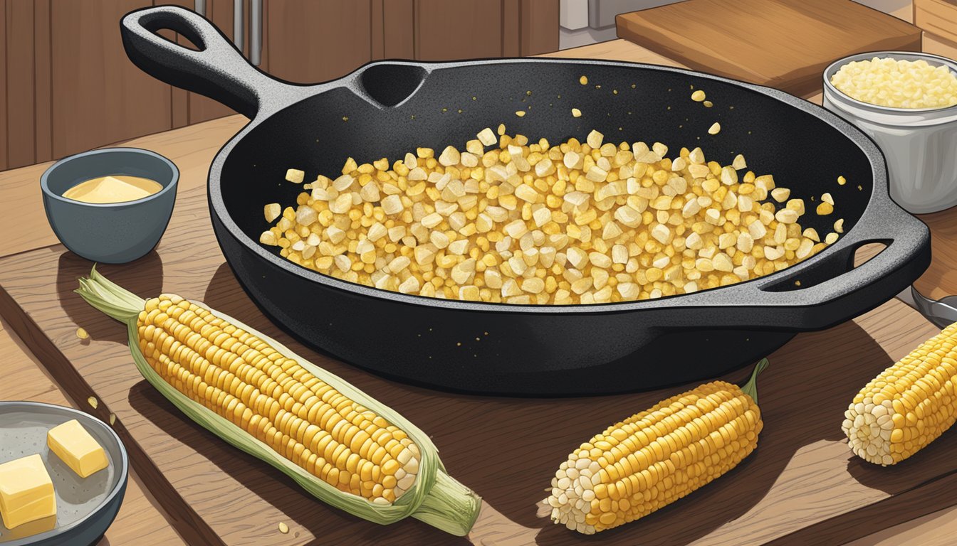 A cast iron skillet sits on a kitchen counter, filled with leftover corn on the cob. The kernels are still intact, and the cob is surrounded by butter and seasonings