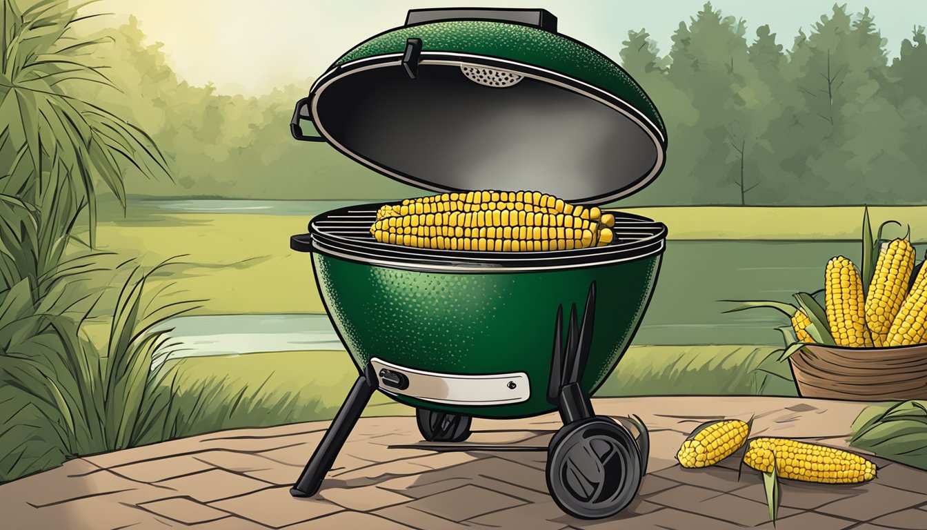 A big green egg grill with perfectly grilled corn on the cob ready for serving