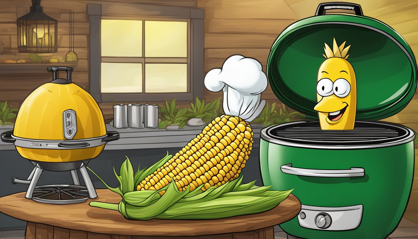 A corn on the cob sitting on a Big Green Egg grill, with the Egghead mascot logo in the background