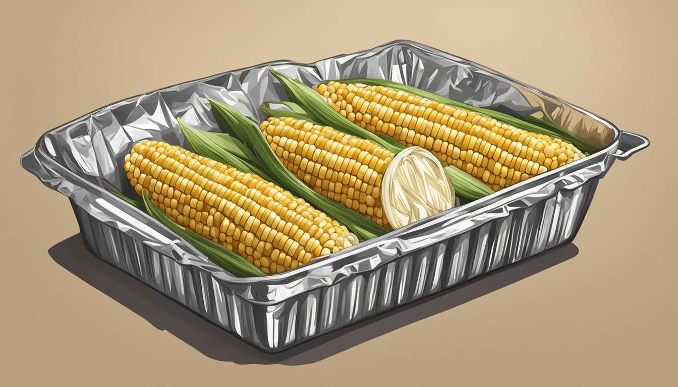 Freshly grilled corn on the cob wrapped in foil, stored in a refrigerator, then reheated in the oven