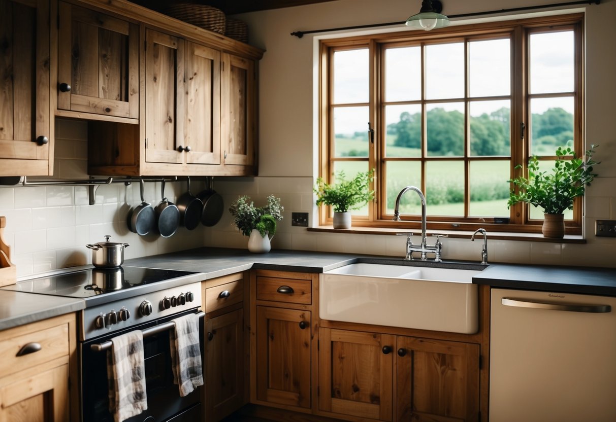 A cozy farmhouse kitchen with rustic wooden cabinets, a farmhouse sink, hanging pots and pans, and a large window overlooking a green garden