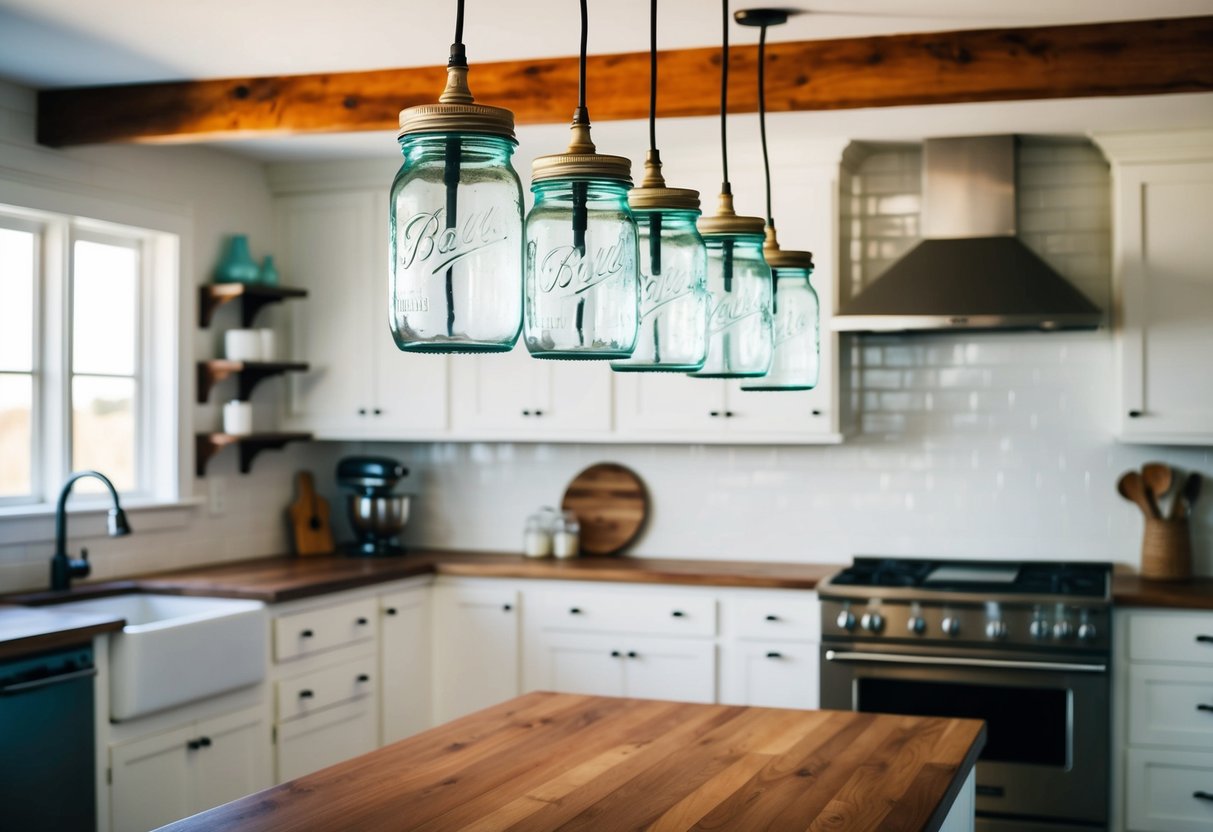 A farmhouse kitchen with vintage mason jar lighting hanging from the ceiling