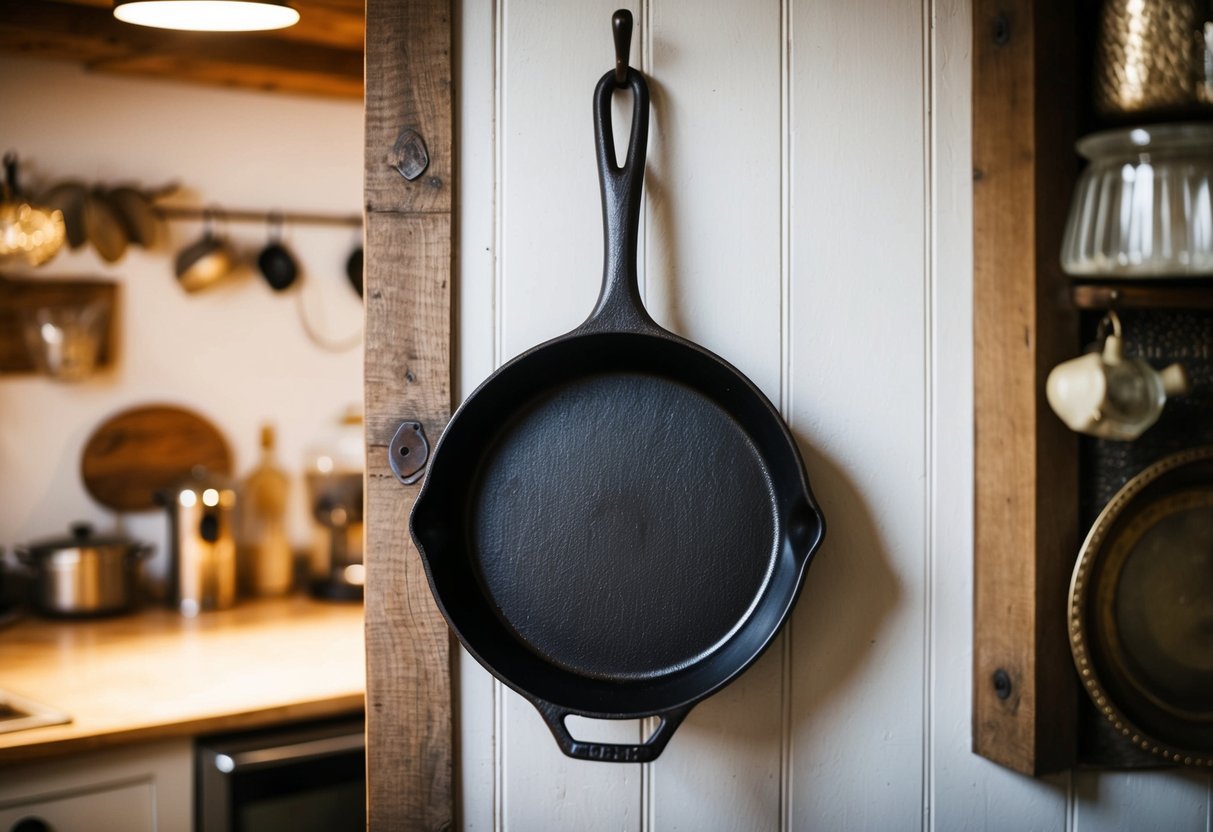 An antique cast iron skillet hangs on a rustic farmhouse kitchen wall, surrounded by other vintage kitchen decor