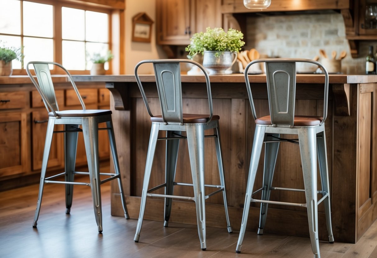 Three galvanized metal bar stools sit at a rustic farmhouse kitchen island, surrounded by warm wood tones and vintage decor