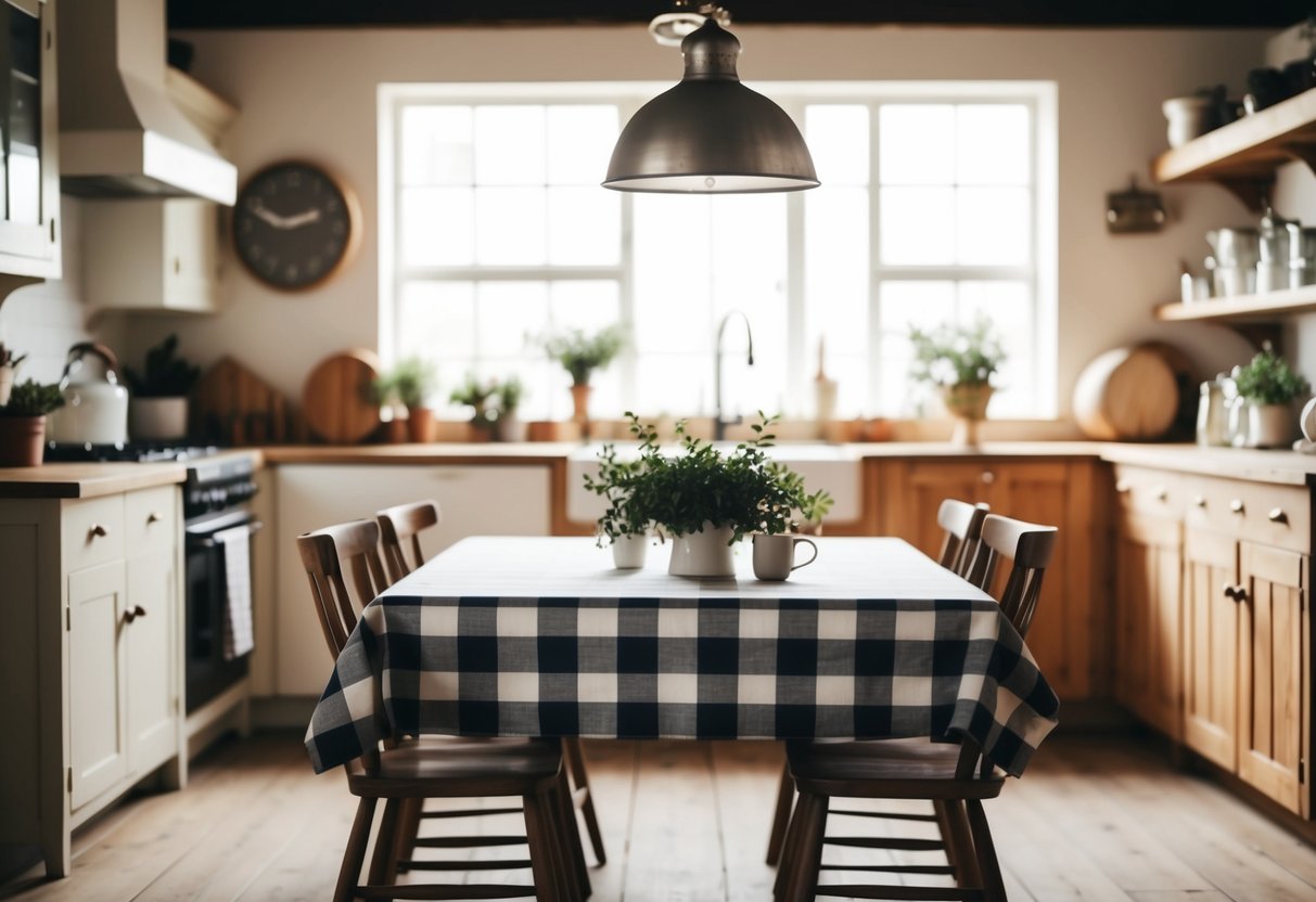 A rustic farmhouse kitchen with a checkered tablecloth, wooden chairs, and simple decor