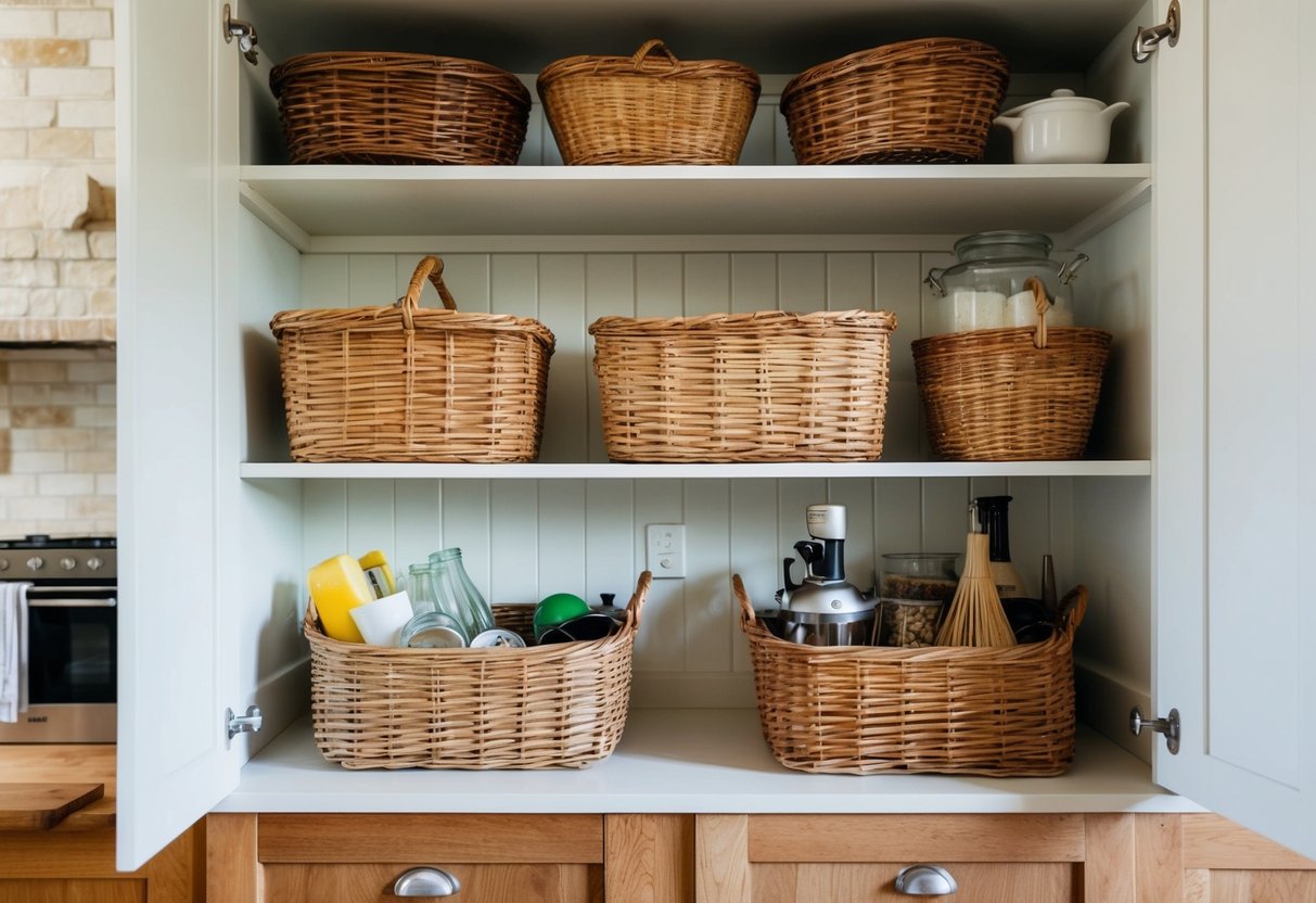 An open shelving unit in a farmhouse kitchen, filled with woven baskets holding various kitchen items