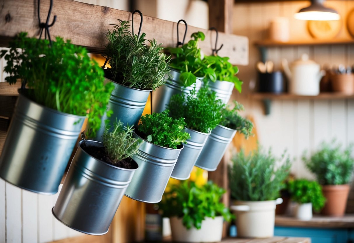 Tin planters hang from a wooden rack, each filled with a variety of herbs, against a backdrop of a rustic farmhouse kitchen