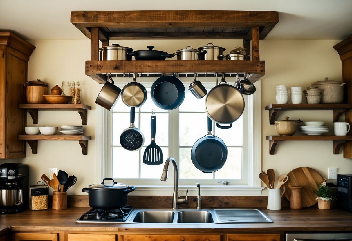 A rustic wooden pot rack hangs above a farmhouse kitchen, adorned with various cooking utensils and surrounded by warm, inviting decor