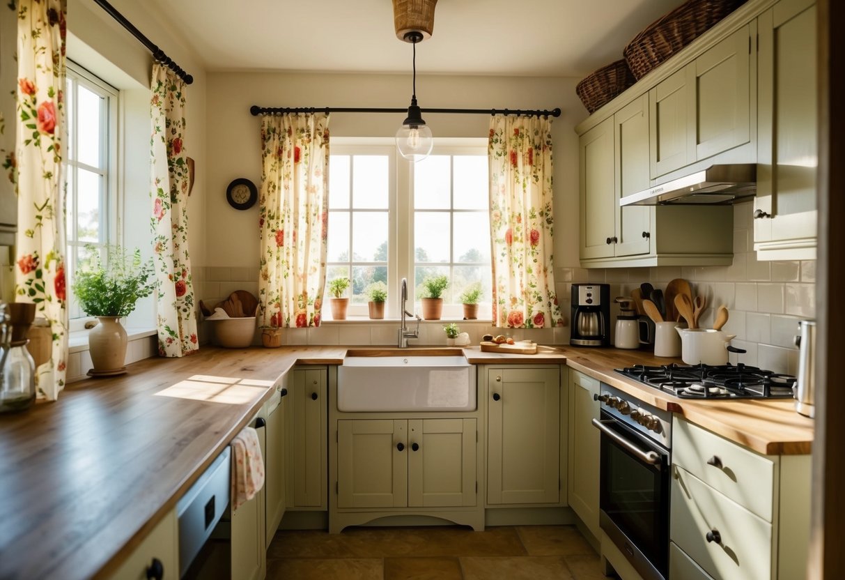 A cozy farmhouse kitchen with sunlight streaming in through country-style floral curtains, adding a touch of rustic charm to the room