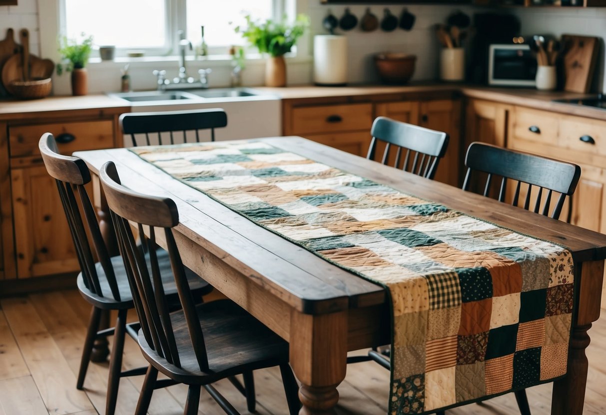 A rustic farmhouse kitchen table adorned with patchwork quilted table runners in various earthy tones