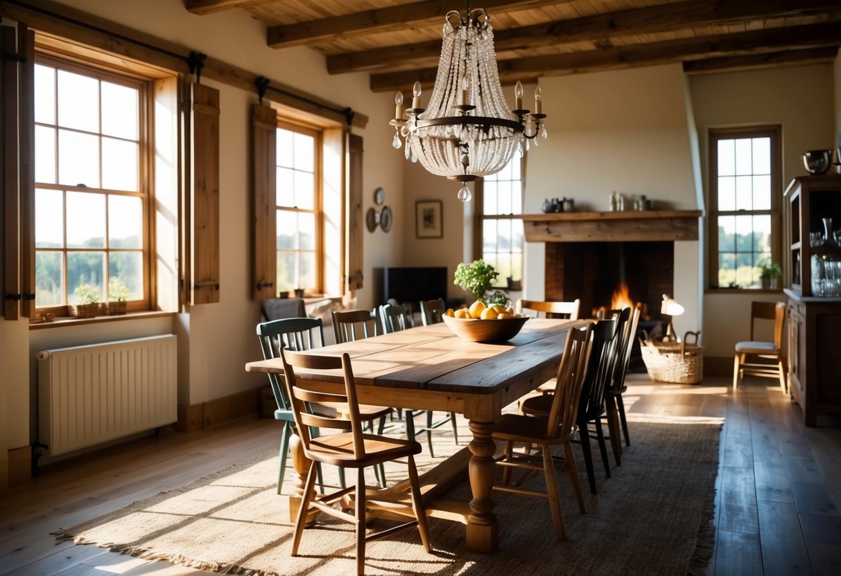 A rustic farmhouse dining room with a large wooden table, mismatched chairs, a vintage chandelier, and a cozy fireplace. Sunlight streams in through the windows, highlighting the warm, inviting space