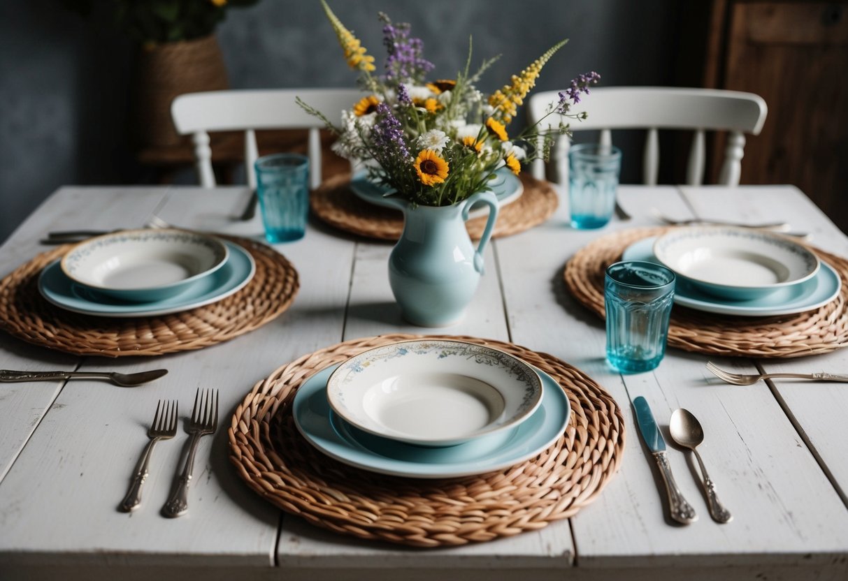 Woven wicker placemats arranged on a rustic farmhouse dining table with vintage dishes and a vase of wildflowers