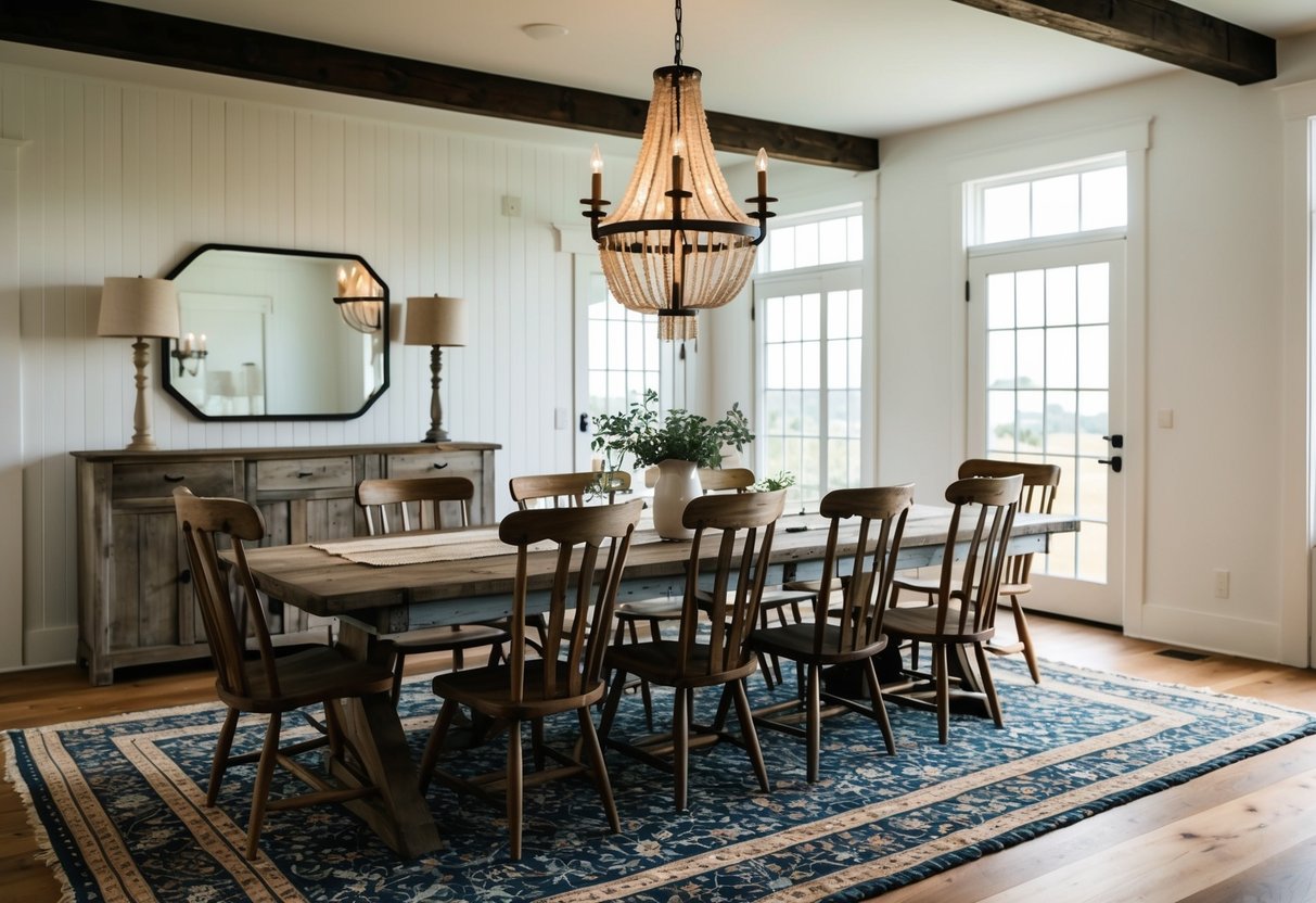 A farmhouse dining room with a large, patterned rug, surrounded by rustic wooden chairs and a long, weathered table. A chandelier hangs above, casting a warm glow