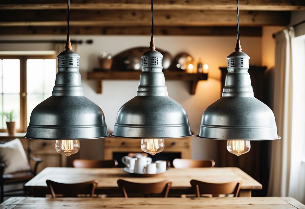 Three galvanized metal pendant lights illuminate a rustic farmhouse dining room with wooden furniture and a cozy, inviting atmosphere