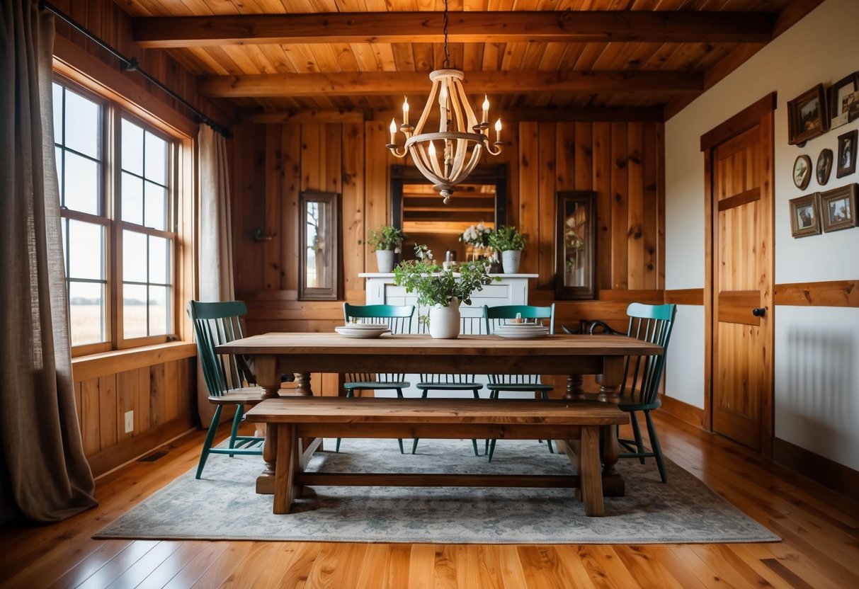 A rustic farmhouse bench sits in a cozy dining room, surrounded by warm wood and vintage decor