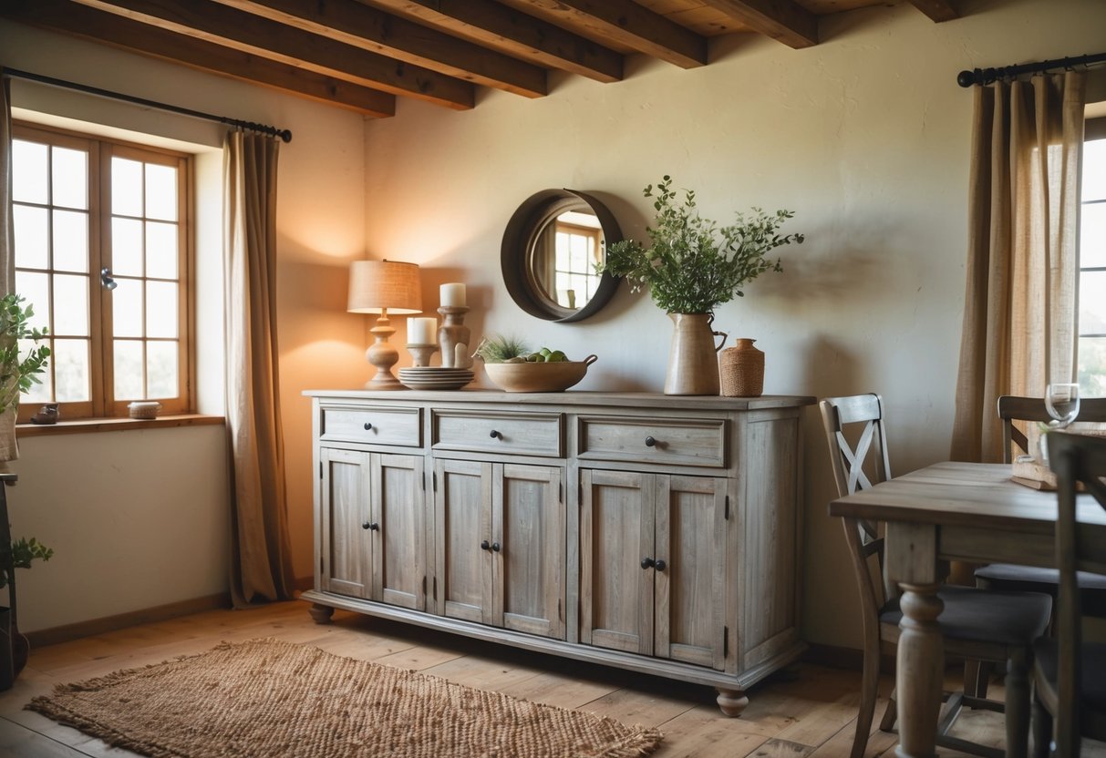 A weathered wood buffet sits in a cozy farmhouse dining room, surrounded by rustic decor and warm lighting