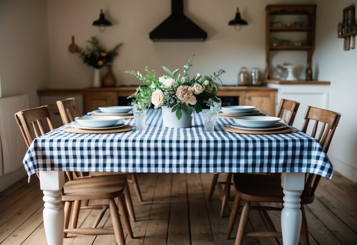 A rustic farmhouse dining room with a checkered tablecloth, wooden chairs, and a simple centerpiece of fresh flowers