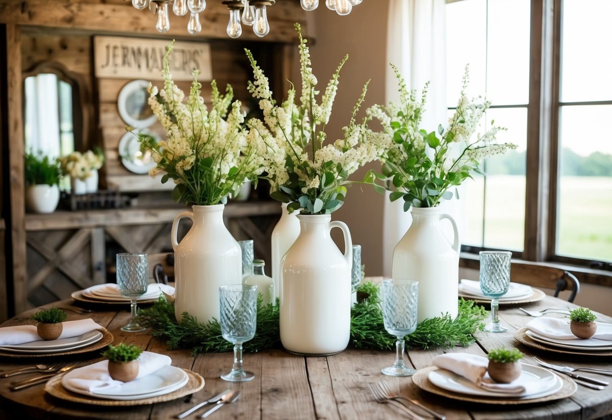 A rustic dining table with milk jug centerpieces surrounded by farmhouse decor and natural light