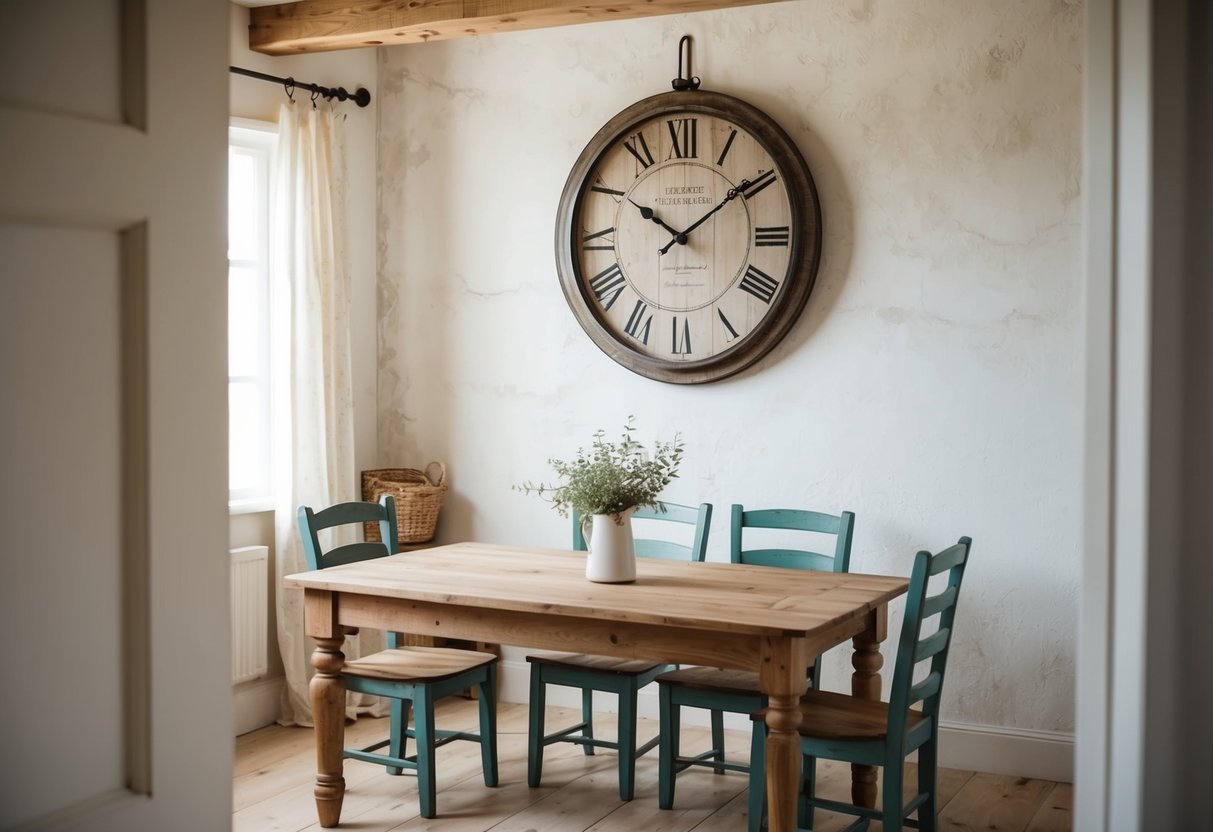 A distressed farmhouse clock hangs on a whitewashed wall in a cozy dining room with rustic wooden furniture and soft, natural lighting