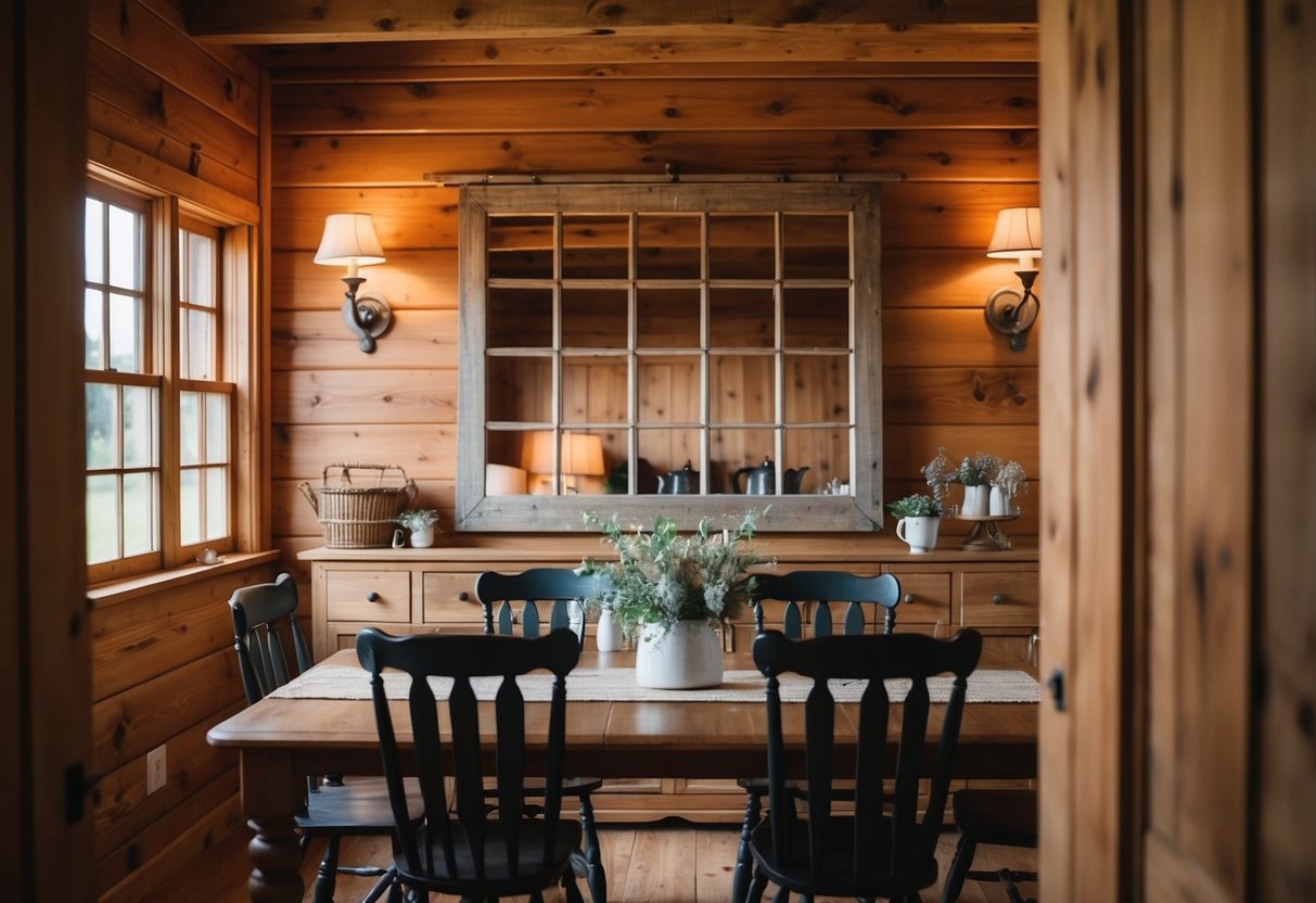 A wooden farmhouse dining room with a rustic windowpane mirror as the focal point, surrounded by warm lighting and vintage decor