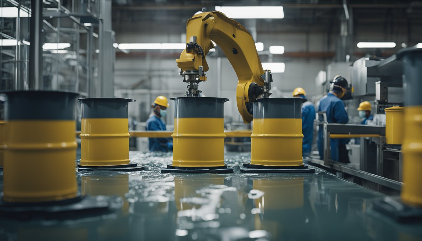 A factory floor with large machines mixing and pouring epoxy paint into barrels, workers in protective gear overseeing the process