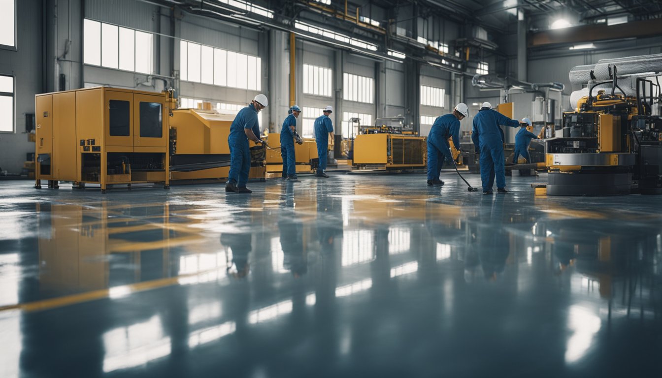 A factory floor with large machinery and workers painting the ground with epoxy paint