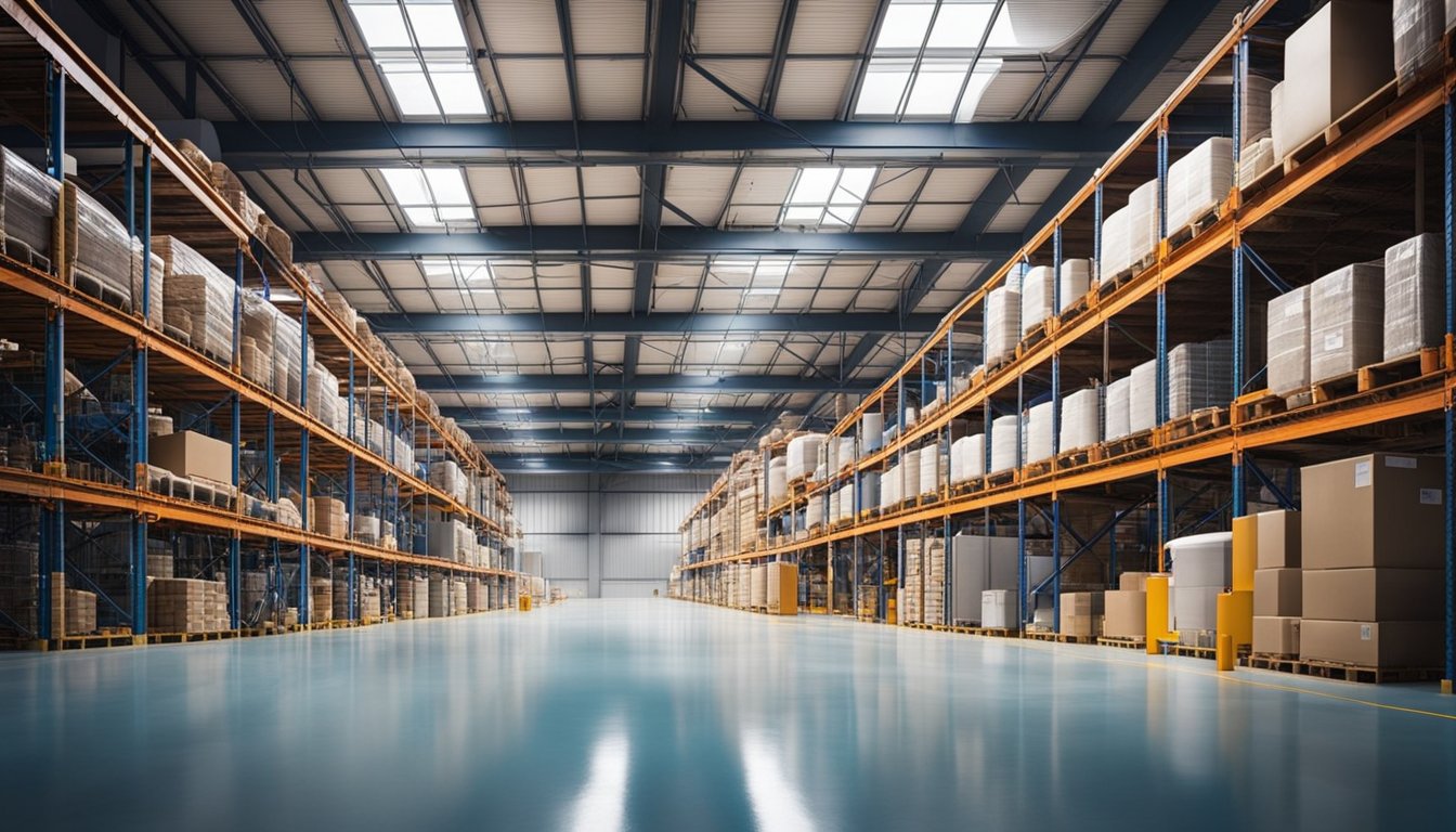 A spacious warehouse with glossy, seamless epoxy-coated floors, industrial equipment, and vibrant containers of chemical coatings