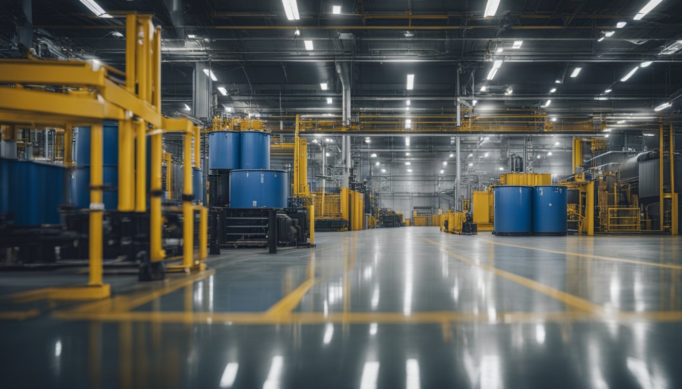 A factory floor with large machines and containers, workers in protective gear, and barrels of epoxy paint stacked along the walls