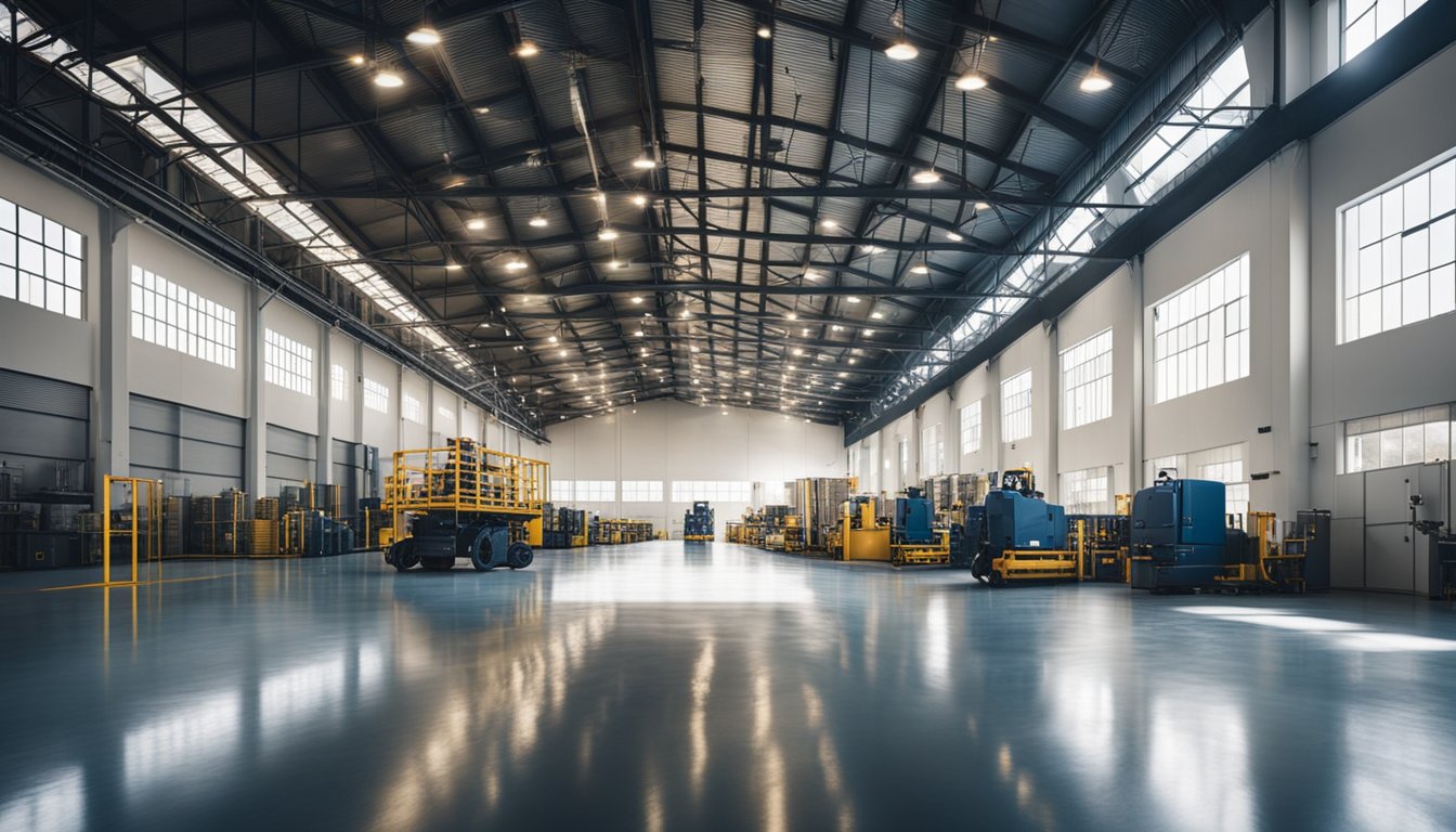 A spacious industrial warehouse with shiny, smooth epoxy-coated floors, large machinery, and workers in protective gear