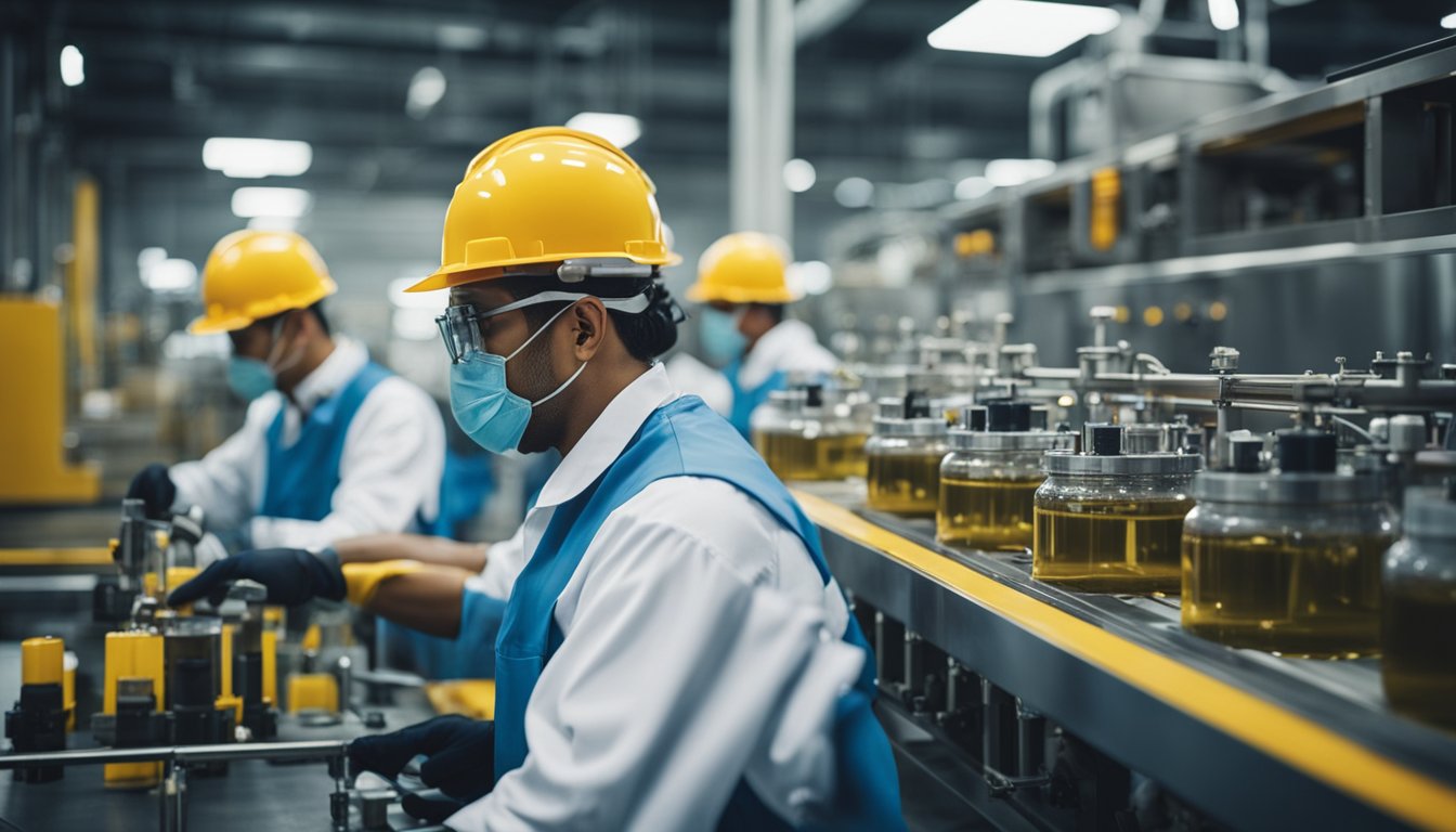 A factory floor with large machinery, barrels of chemicals, and workers in protective gear